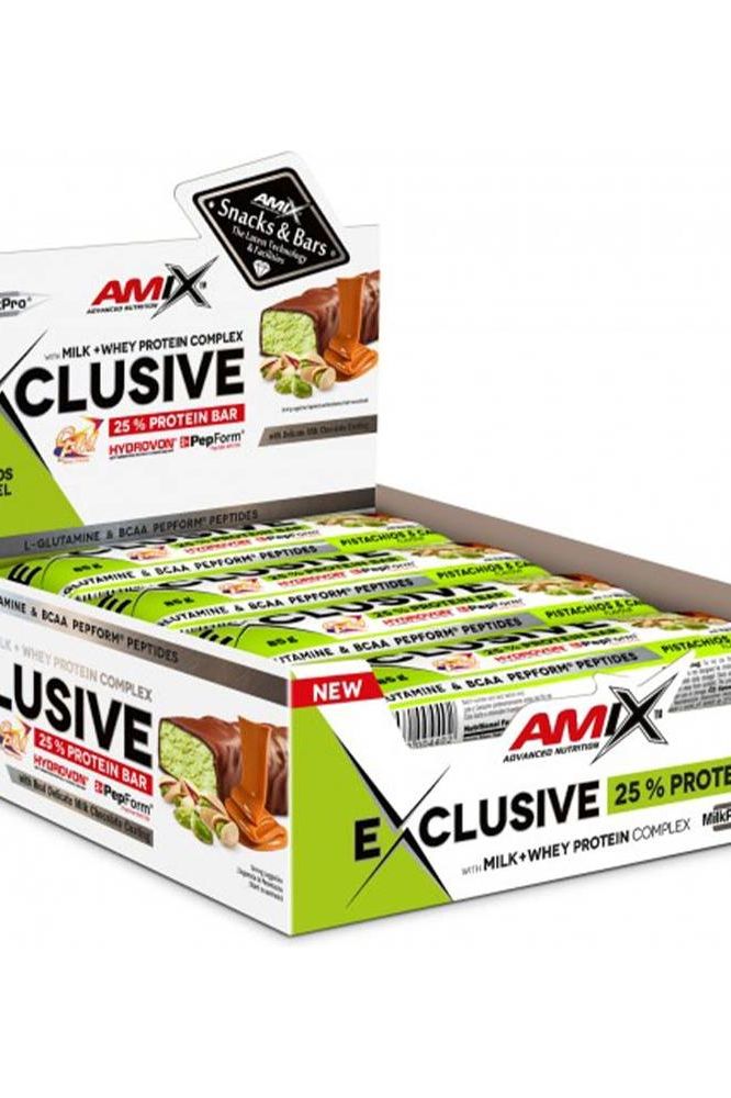 Amix Exclusive Protein Bar packaging with 25% protein content, ideal for workouts and muscle recovery.