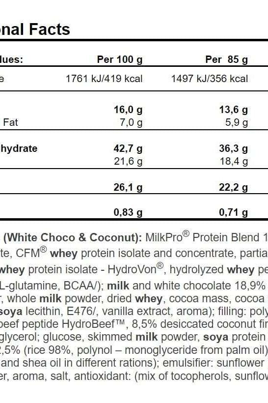 Nutritional facts for Amix Exclusive Protein Bar, detailing protein, fat, and carbohydrate content per serving.