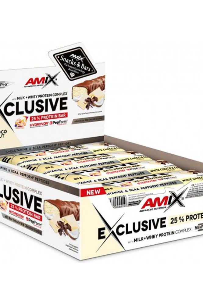 Amix Exclusive Protein Bars box showcasing 25% protein for muscle recovery and great taste, ideal for workouts.