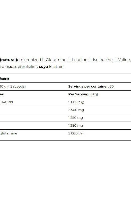 Nutritional facts for Amix Glutamine + BCAA powder, including serving sizes and ingredients.