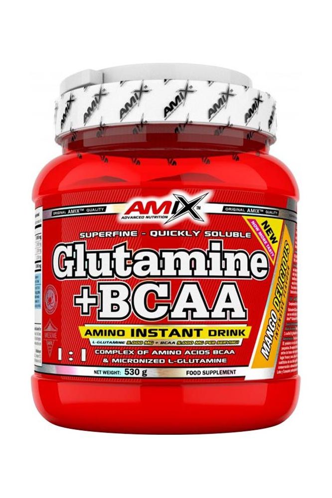 Amix Glutamine + BCAA powder in a red container, promoting muscle recovery and strength, 530g food supplement.