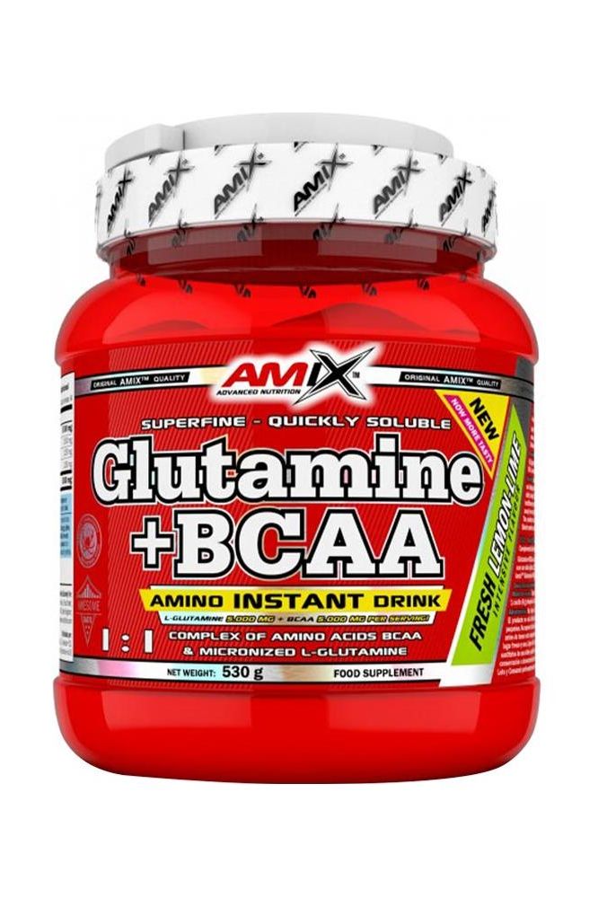 Amix Glutamine + BCAA powder container, a supplement for muscle recovery and strength enhancement.