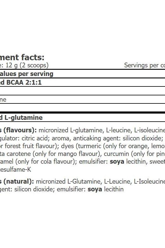 Nutritional information for Amix - Glutamine + BCAA powder, detailing ingredients and serving size.