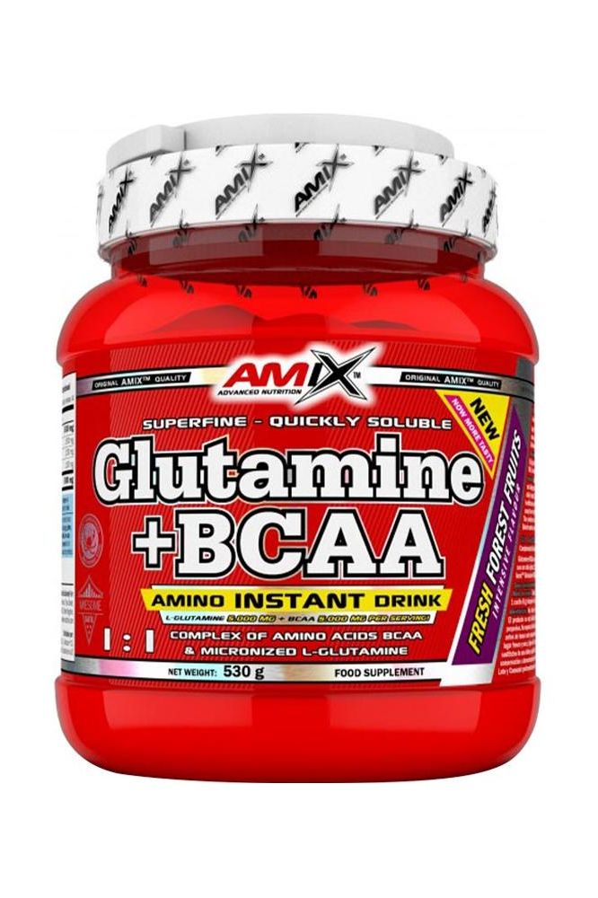 Amix Glutamine + BCAA powder jar, 530g, labeled as amino instant drink for muscle recovery and strength.