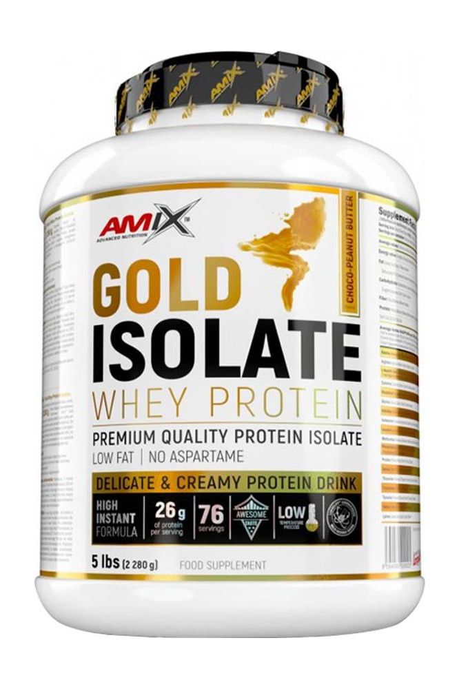 Amix Gold Whey Protein Isolate 5 lbs container with low fat, high protein, and no aspartame, ideal for muscle gain.