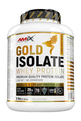 Amix Gold Whey Protein Isolate 5 lbs container with low fat, high protein, and no aspartame, ideal for muscle gain.