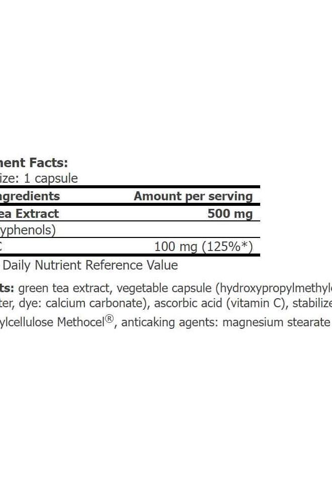 Nutritional information for Amix Green Tea Extract, showing ingredients and serving details.