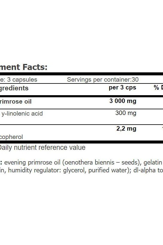 Nutrition facts for Amix GreenDay Evening Primrose showing ingredients and amounts per serving.