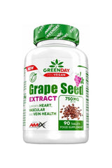 Amix GreenDay Grape Seed Extract bottle with 90 tablets for heart and vascular health.