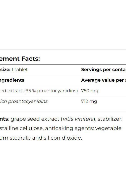Supplement facts for Amix GreenDay Grape Seed Extract showing ingredients and dosages.