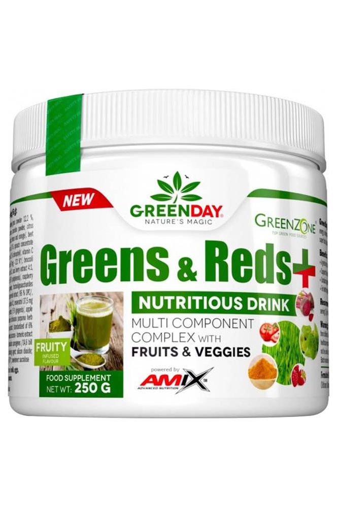 Amix GreenDay® Greens & Reds+ 250g supplement with fruits and veggies for enhanced nutrition.