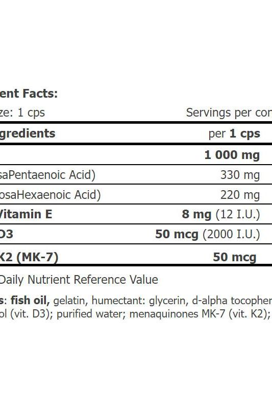 Nutritional information for Amix GreenDay Omega 3 Forte+, including omega-3 content, vitamins E, D3, and K2.