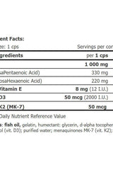 Nutritional information for Amix GreenDay Omega 3 Forte+, including omega-3 content, vitamins E, D3, and K2.