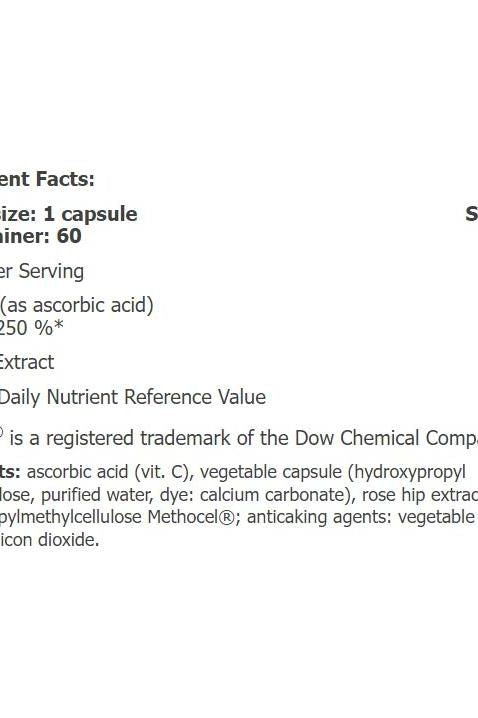 Supplement facts label for Amix GreenDay Vitamin C 1000 with Rose Hip Extract, detailing ingredients and serving size.