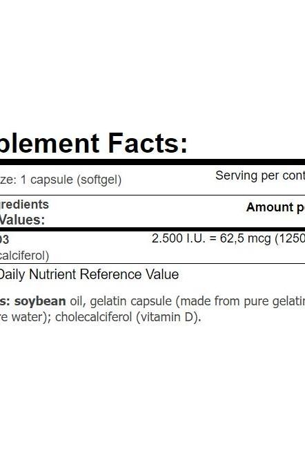 Supplement facts for Amix GreenDay Vitamin D3, highlighting vitamin D content and ingredients.