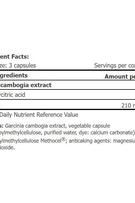 Nutrition facts label for Amix HCA capsules, detailing ingredients and amounts per serving.