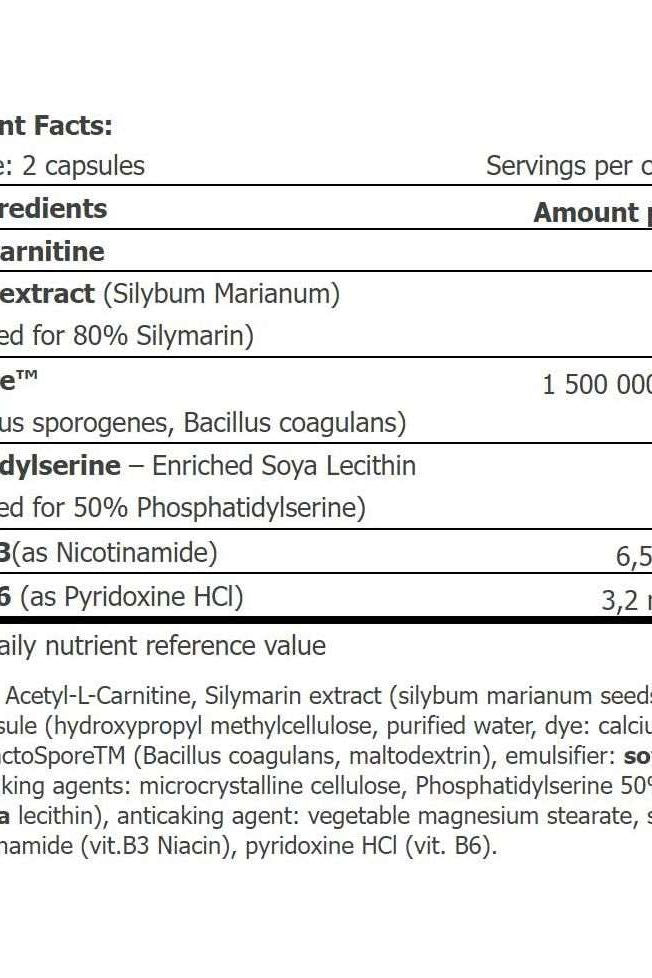 Nutritional facts for Amix HepaCor Protector capsules, listing ingredients and amounts.