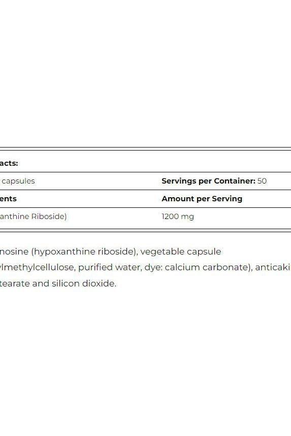 Supplement facts for Amix Inosine showing ingredients and servings per container.