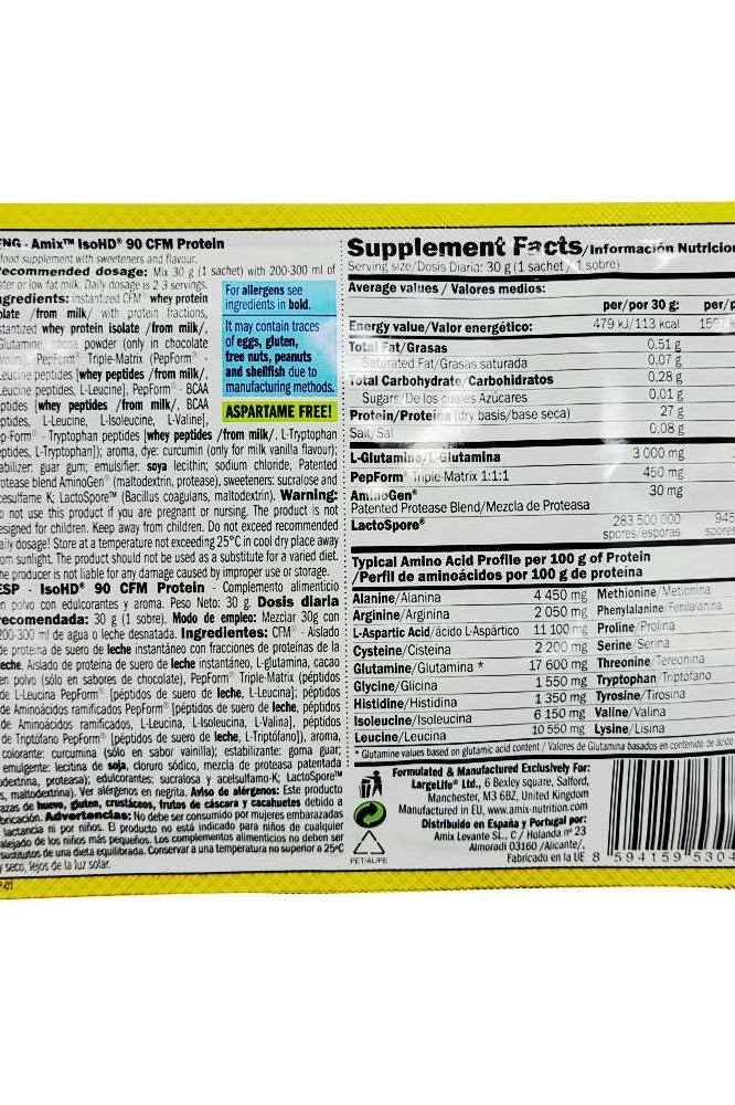 Amix IsoHD 90 CFM Protein supplement facts label, highlighting protein benefits and ingredients.