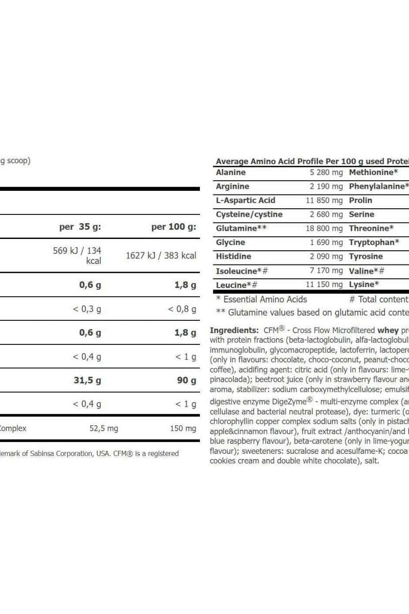 Nutritional information for Amix IsoPrime CFM Isolate highlighting amino acid profile and ingredients.