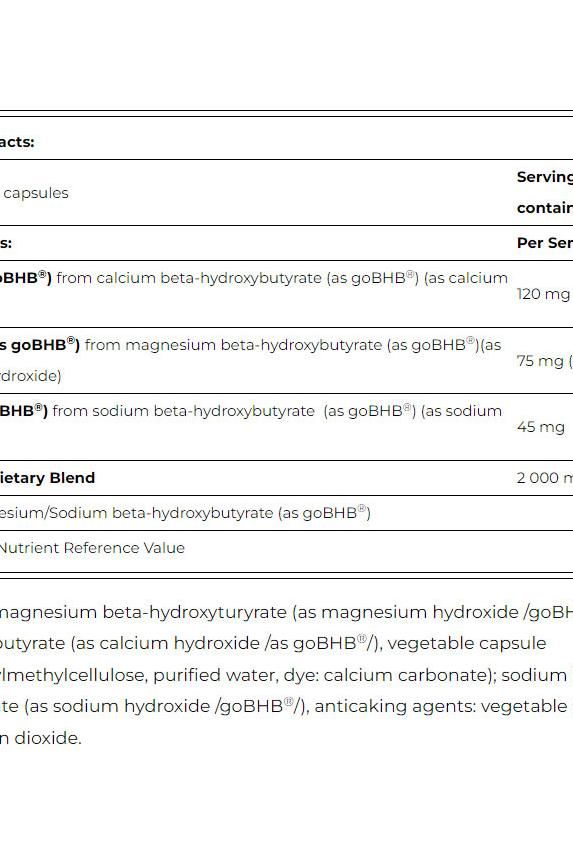 Supplement facts for Amix KetoLean Keto BHB capsules showing ingredients and nutrient values.