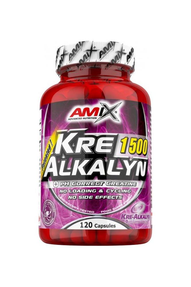 Amix Kre-Alkalyn® supplement bottle with 120 capsules, featuring pH correct creatine and no side effects.