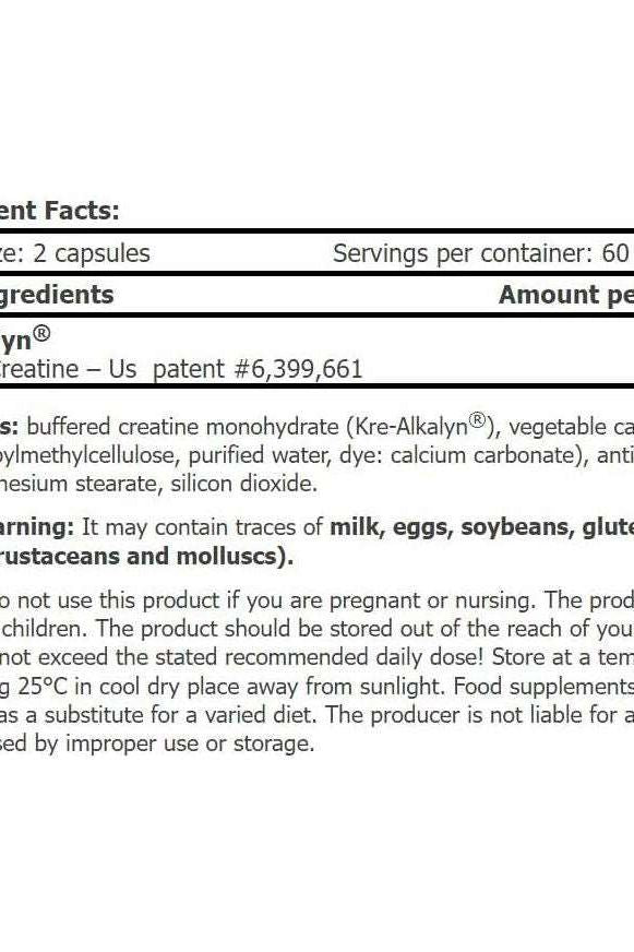 Amix Kre-Alkalyn® supplement facts panel, showing ingredients and usage instructions.