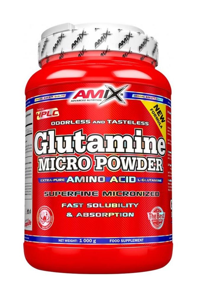 Amix L-Glutamine Micro Powder supplement for muscle recovery and strength, 1000g packaging.