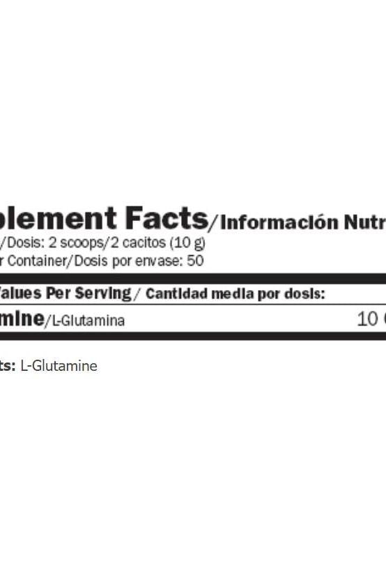 Nutritional information for Amix L-Glutamine supplement, showing dosage and ingredients.