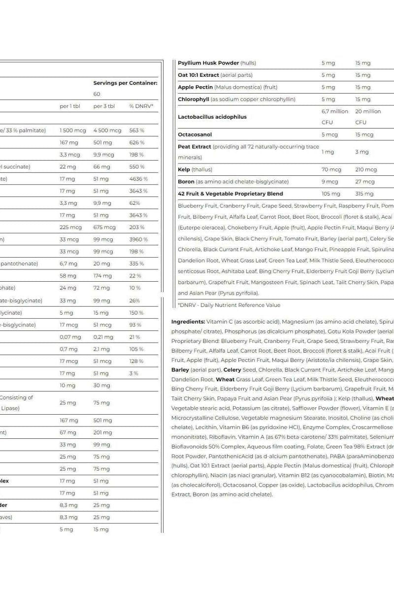 Nutrition facts and ingredient list for Amix Life's Vitality Active Stack tablets.
