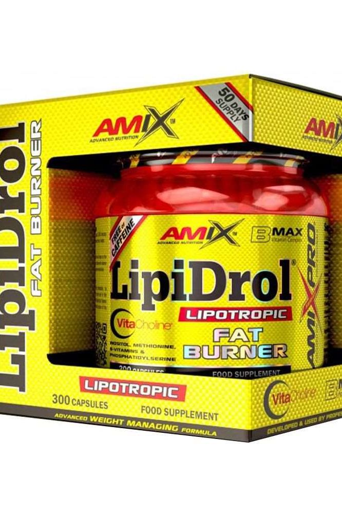 Amix LipiDrol Fat Burner supplement bottle with yellow packaging, featuring 300 capsules and VitaCholine logo.