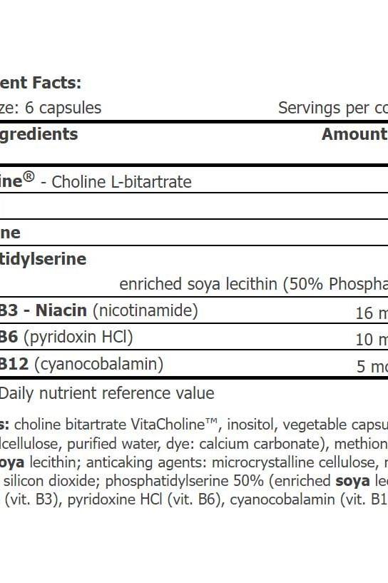Ingredient list for Amix - LipiDrol® Fat Burner showing choline, inositol, methionine, vitamins B3, B6, B12.