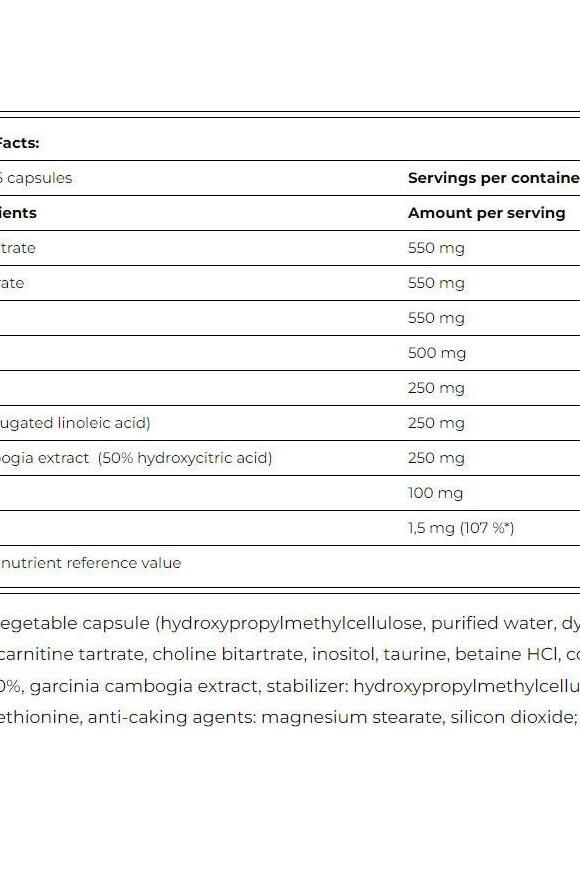 Supplement facts for Amix Lipotropic Fat Burner, detailing ingredients and their amounts per serving.