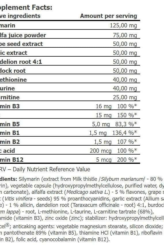 Supplement facts for Amix Liver Cleanse showing ingredients and their amounts per serving.