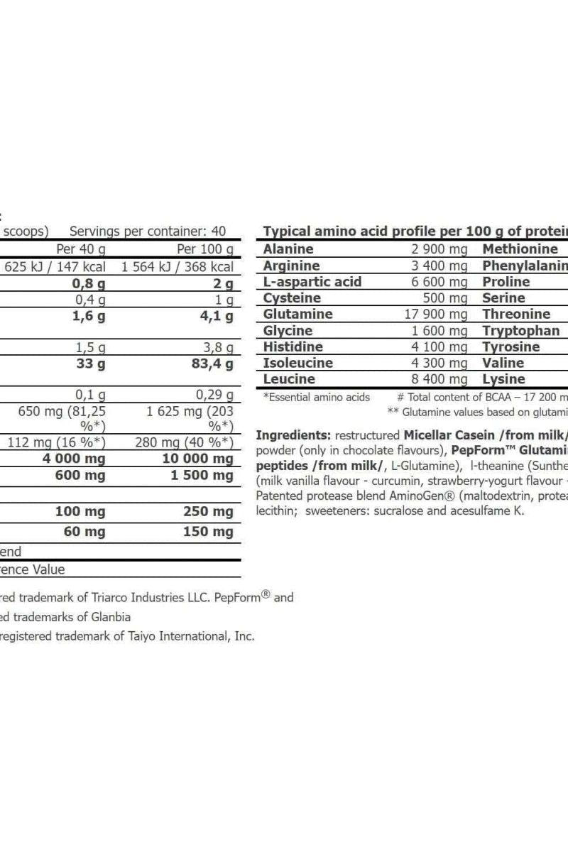 Nutritional information for Amix - MicelleHD® Casein detailing amino acid profile per 100g.