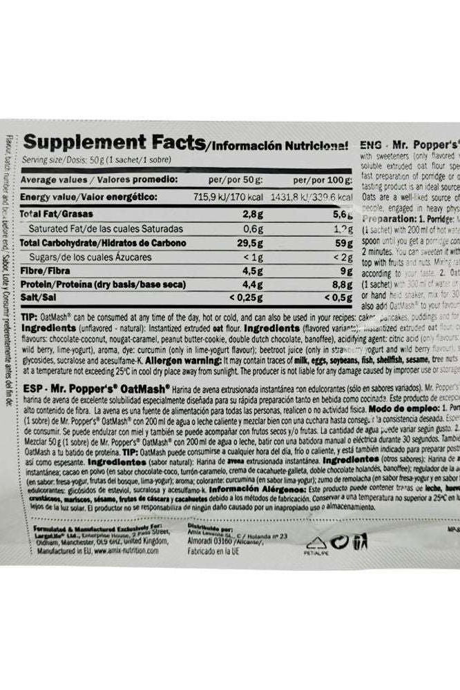 Supplement facts for Amix Mr. Popper's OatMash sample, highlighting nutritional information and serving size.