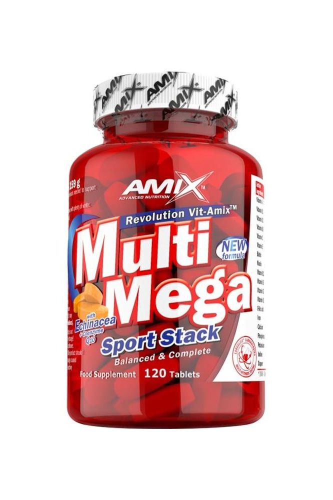 Amix MultiMega Stack dietary supplement bottle showcasing 120 tablets for essential vitamins and minerals.