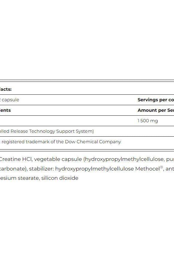 Nutrition facts for Amix MuscleCore CreAge, highlighting ingredients and servings per capsule.