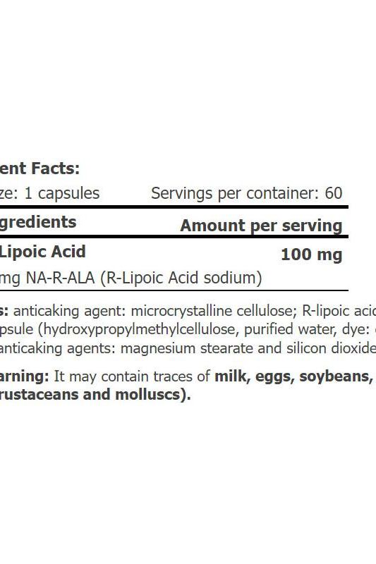 NA-R-ALA supplement facts label showing ingredients and nutritional information for R-Alpha Lipoic Acid.