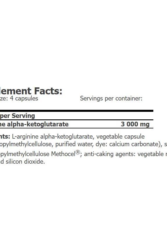 Supplement facts for Amix Nitric Oxide showing L-arginine alpha-ketoglutarate and dosage information.