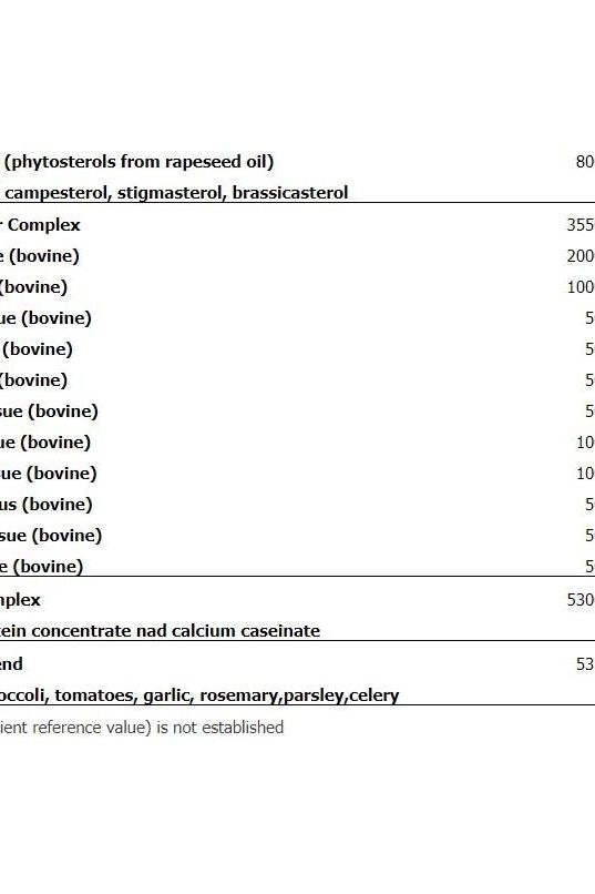 Nutritional information chart detailing components and their values including phytosterols, proteins, and various ingredients.