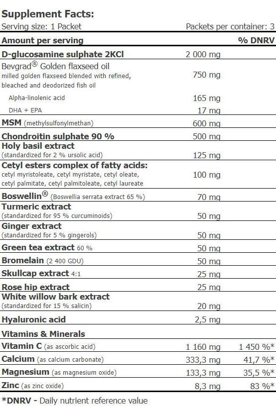 Supplement facts for Amix Opti-Pack Osteo-Flex highlighting ingredients for joint health support.