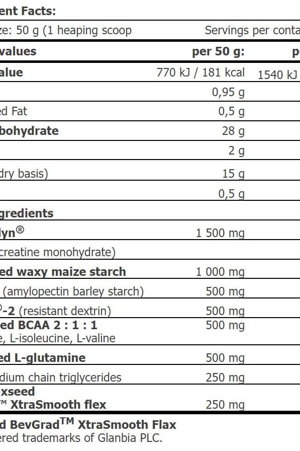 Nutritional information for Amix - OptiMass™ Beef Gainer showing protein, carbs, and ingredients.