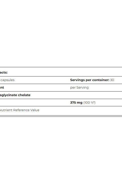Nutritional facts for Amix Performance Magnesium Chelate: 90 capsules, 375 mg magnesium bisglycinate chelate per serving.