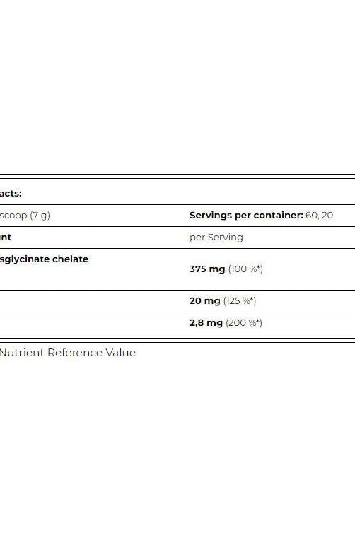Nutritional facts for Amix Performance Magnesium Chelate Drink, detailing magnesium chelate content and servings.