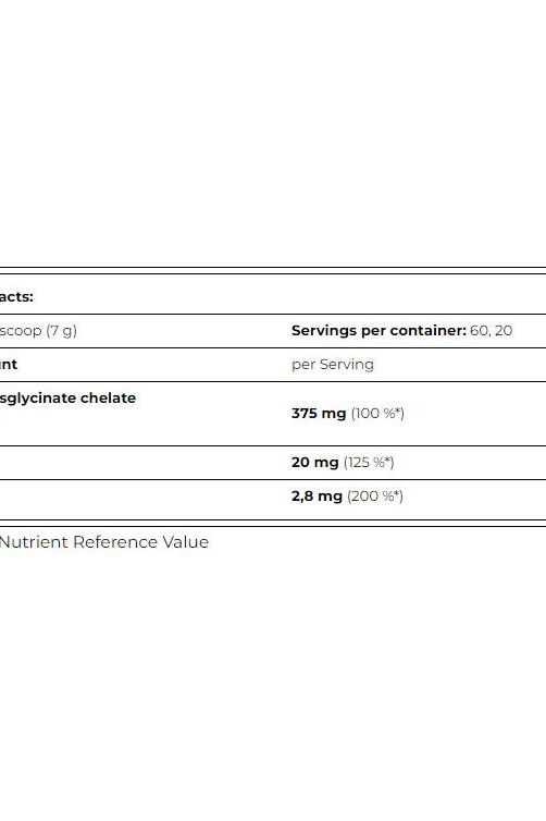 Amix Magnesium Chelate Drink nutritional facts showing magnesium content and serving information.