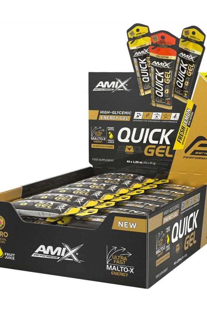 Amix Performance QUICK Energy Gel display box featuring high-glycemic energy gels for instant fuel during workouts.