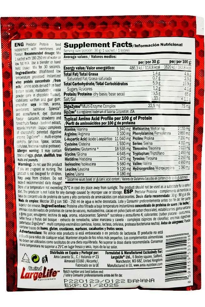 Supplement facts and nutritional information for Amix Predator Protein sample with DigeZyme, 1 serving.