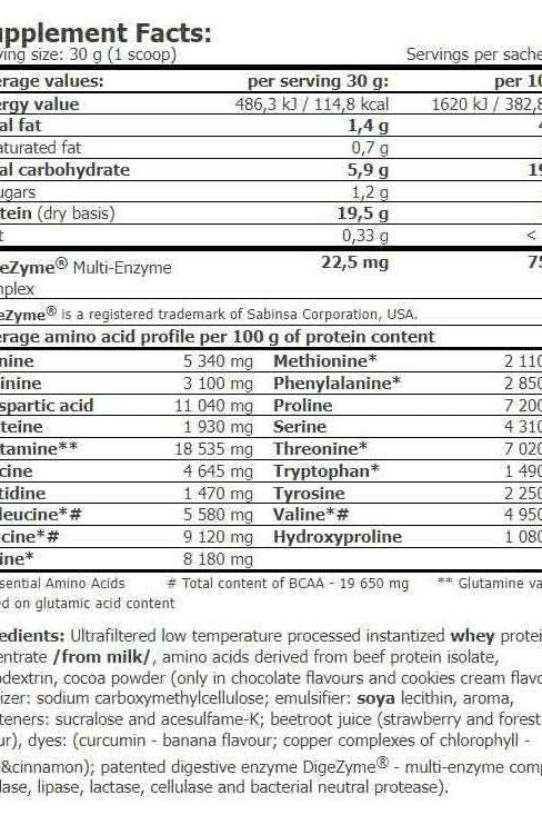 Supplement facts for Amix - Predator® Protein showing nutritional values and amino acid profile.