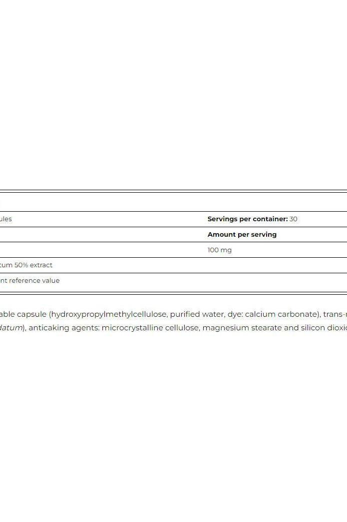 Supplement facts for Amix Pure Resveratrol Anti-Ox, detailing capsules per container and serving information.